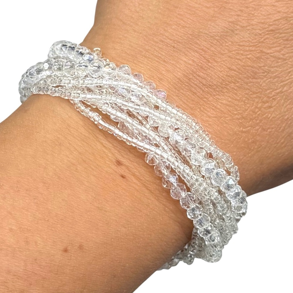 Clear Crystal Beaded Bracelet Clear Rhinestone Magnetic Clasp Multi Strand Beads